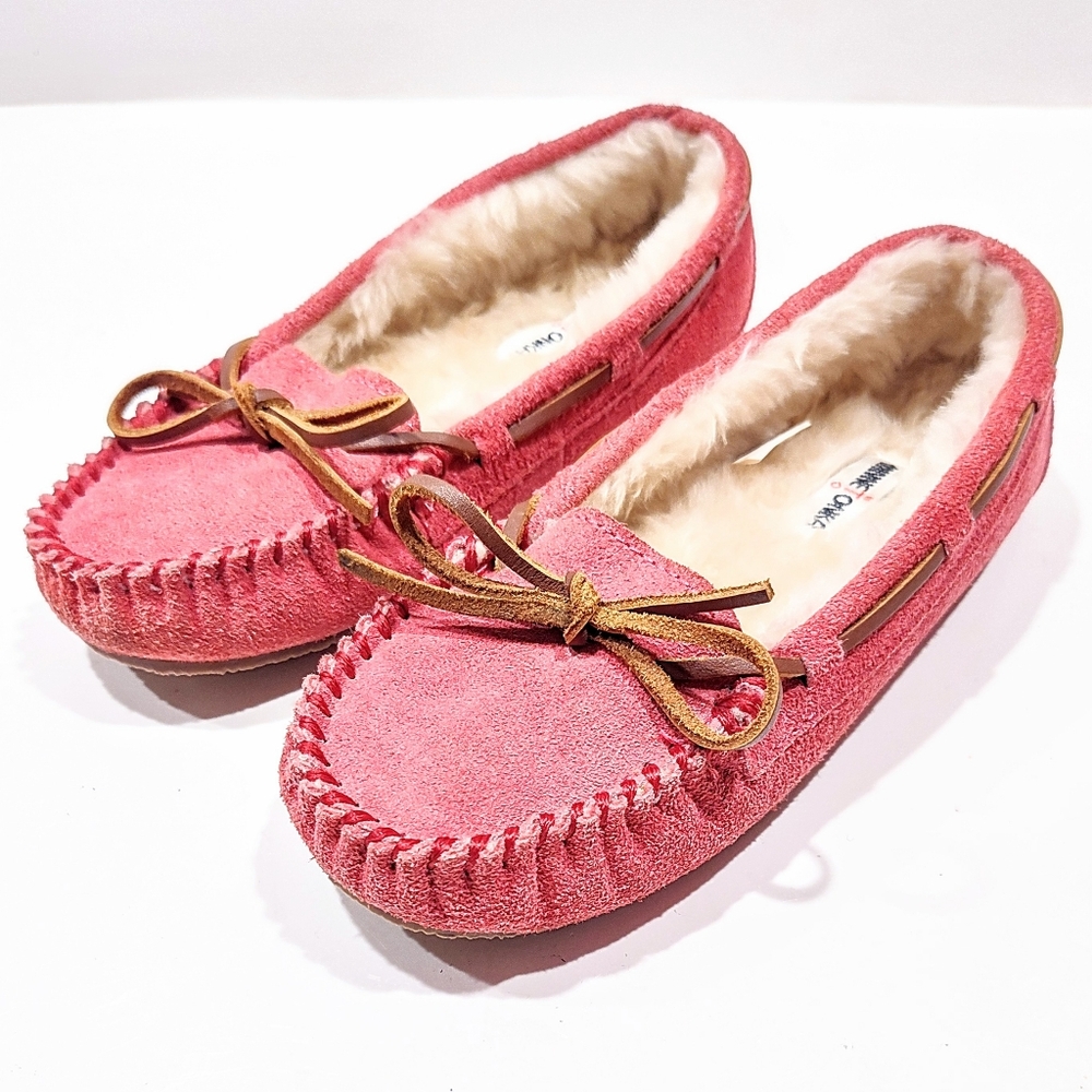 Minnetonka Cassie Pink Moccasin Slippers Girls Size 3 Suede Leather Slip Ons